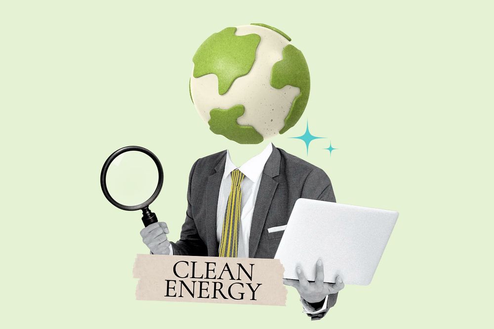 Clean energy word, globe head businessman remix, editable design