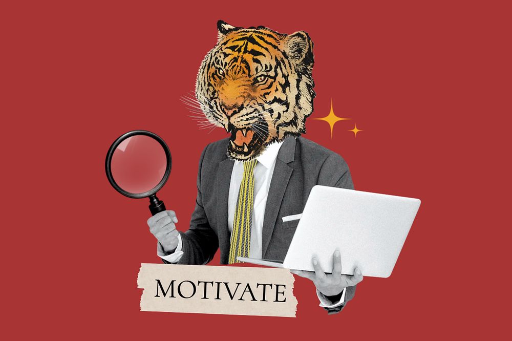 Motivate word, tiger head businessman remix, editable design