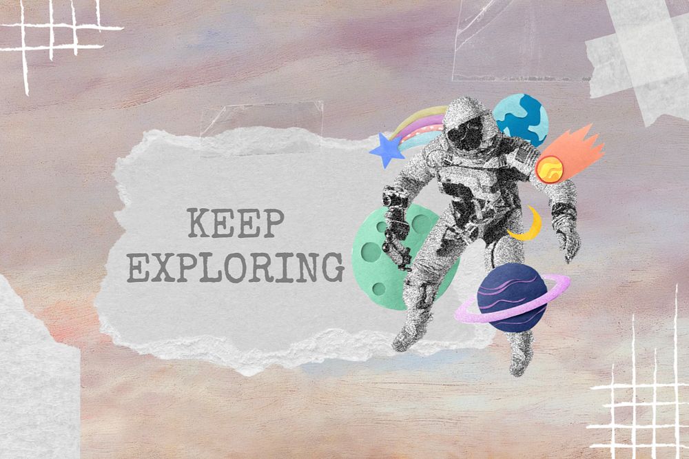 Keep exploring word, galaxy collage art, editable design