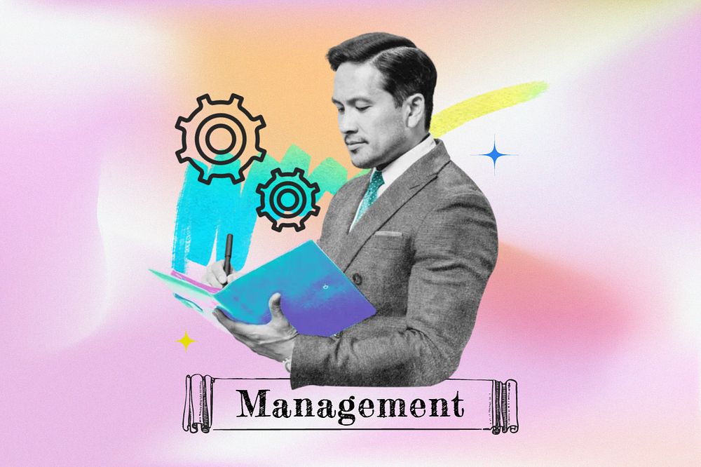 Business management, editable gradient holographic collage remix