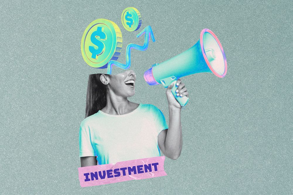 Editable money-head woman with megaphone, investment word collage remix