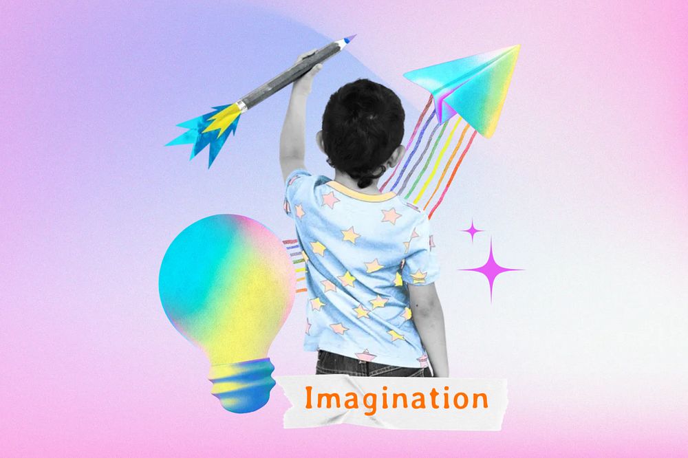 Editable imagination word, kid's education collage remix