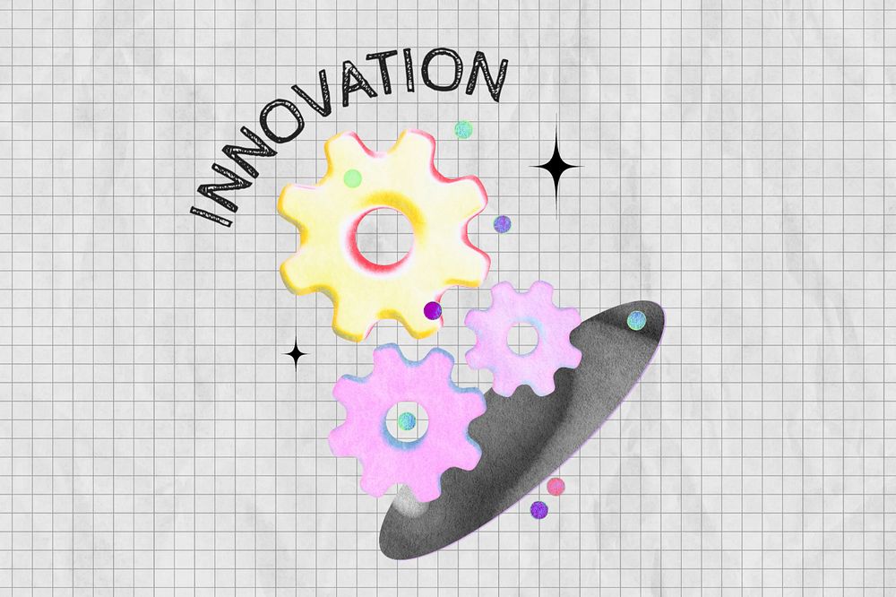 Innovation word, editable cogwheel gradient holographic collage remix