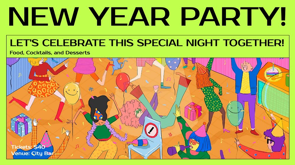 New Year party blog banner template, editable text