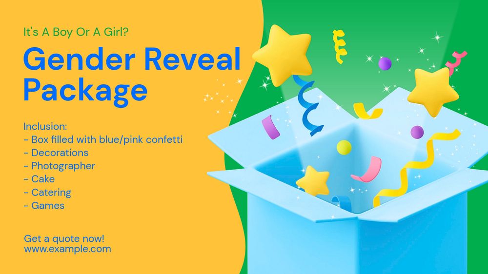 Gender reveal package blog banner template, funky editable design