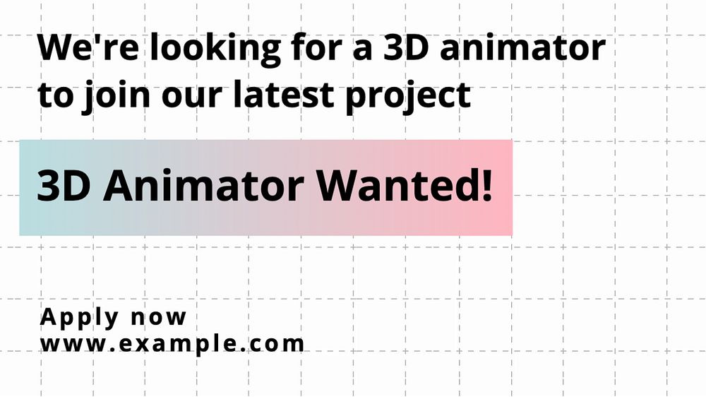 3D animator wanted blog banner template, editable text