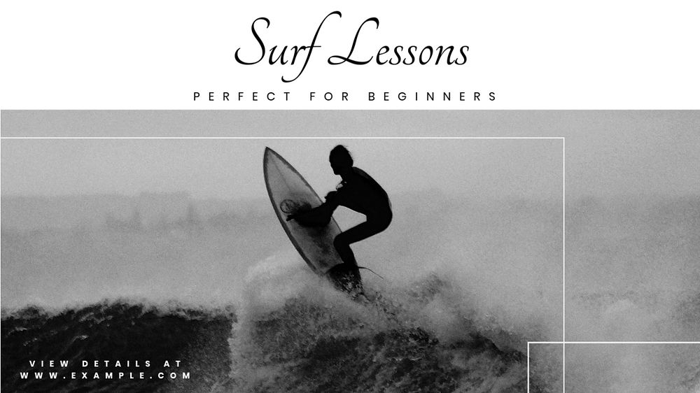 Surfing lessons blog banner template, editable text