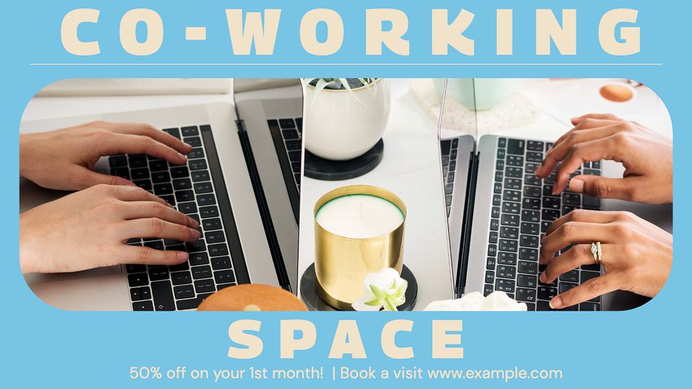 Co-working space blog banner template, editable text