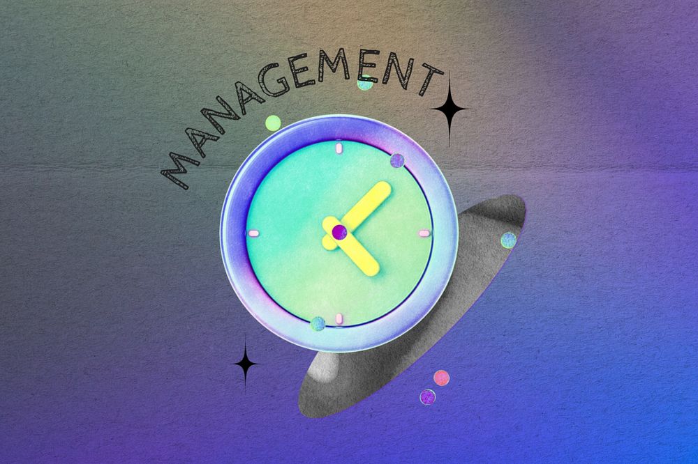 Editable time management word, clock collage remix