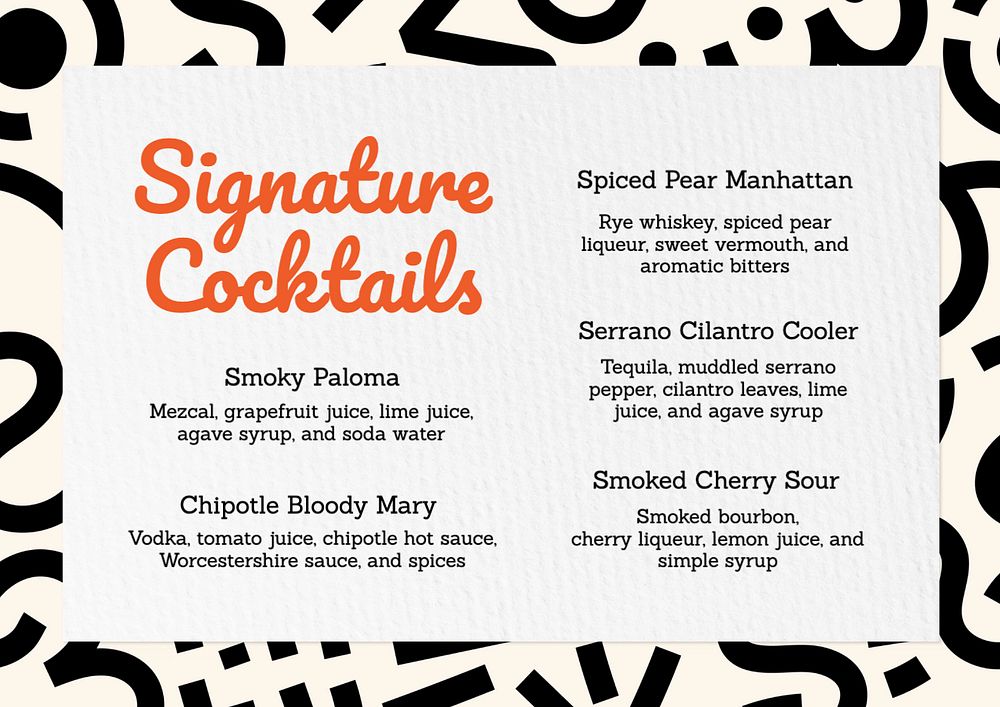 Cocktail menu card template, editable text