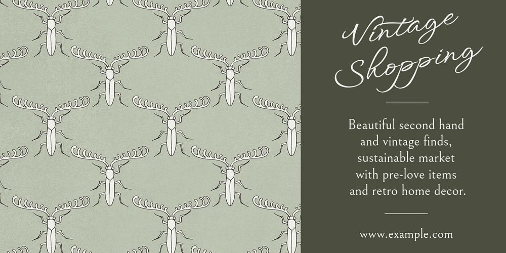 Vintage shopping Twitter post template, green bug pattern, famous Maurice Pillard Verneuil artwork remixed by rawpixel