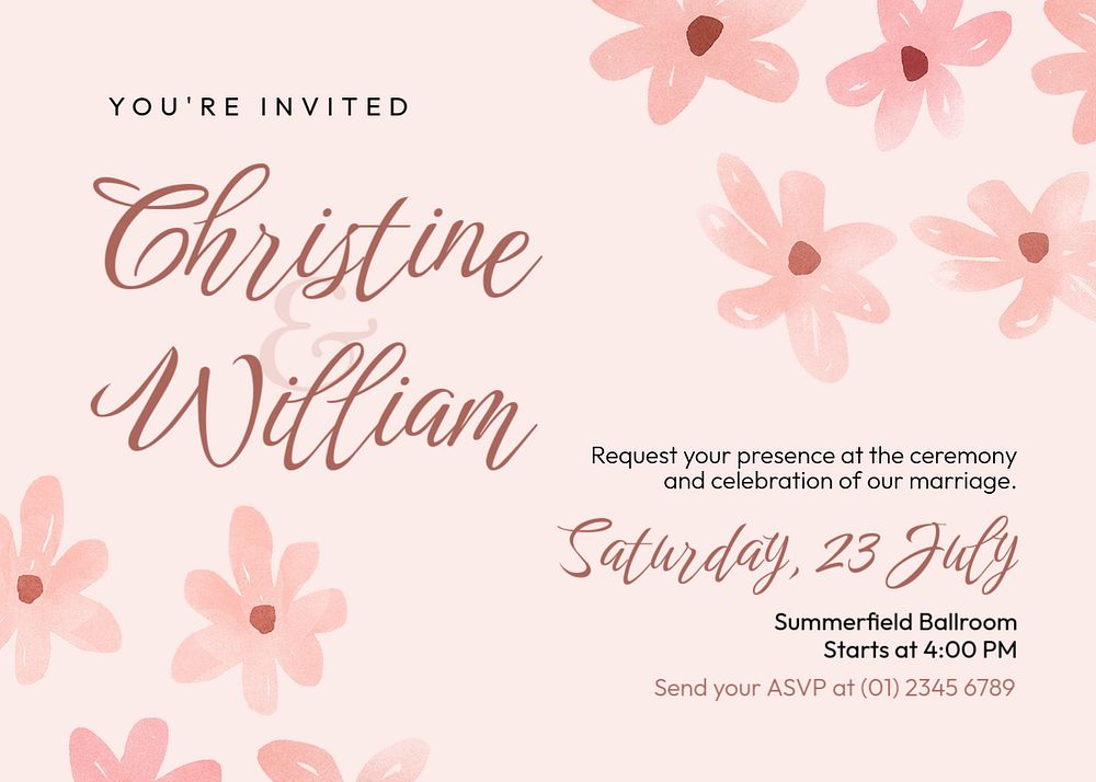 Floral wedding invitation card template, pink Spring aesthetic landscape design