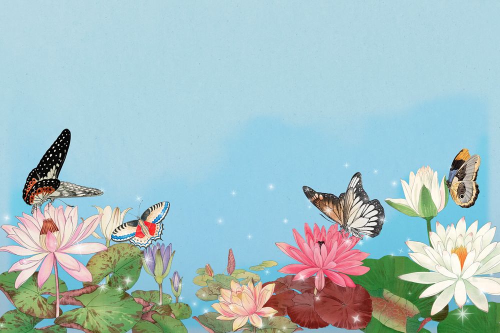 Vintage lotus flowers background, aesthetic butterfly illustration