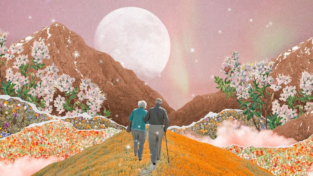 Old people wallpaper, walking to the moon, collage element design
