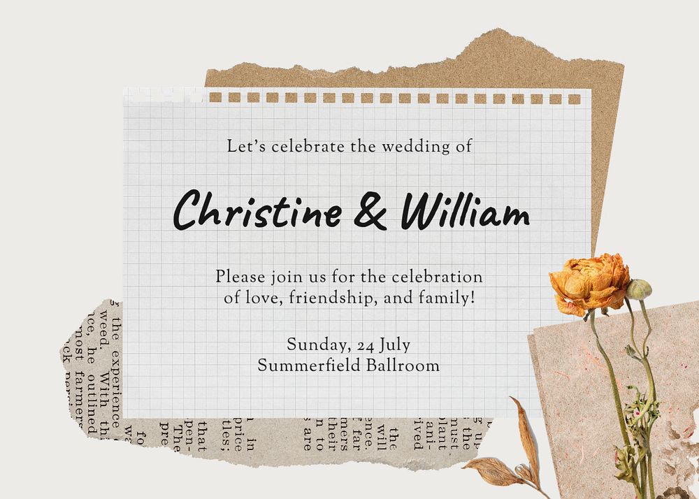 Autumn wedding Invitation card template, aesthetic paper collage