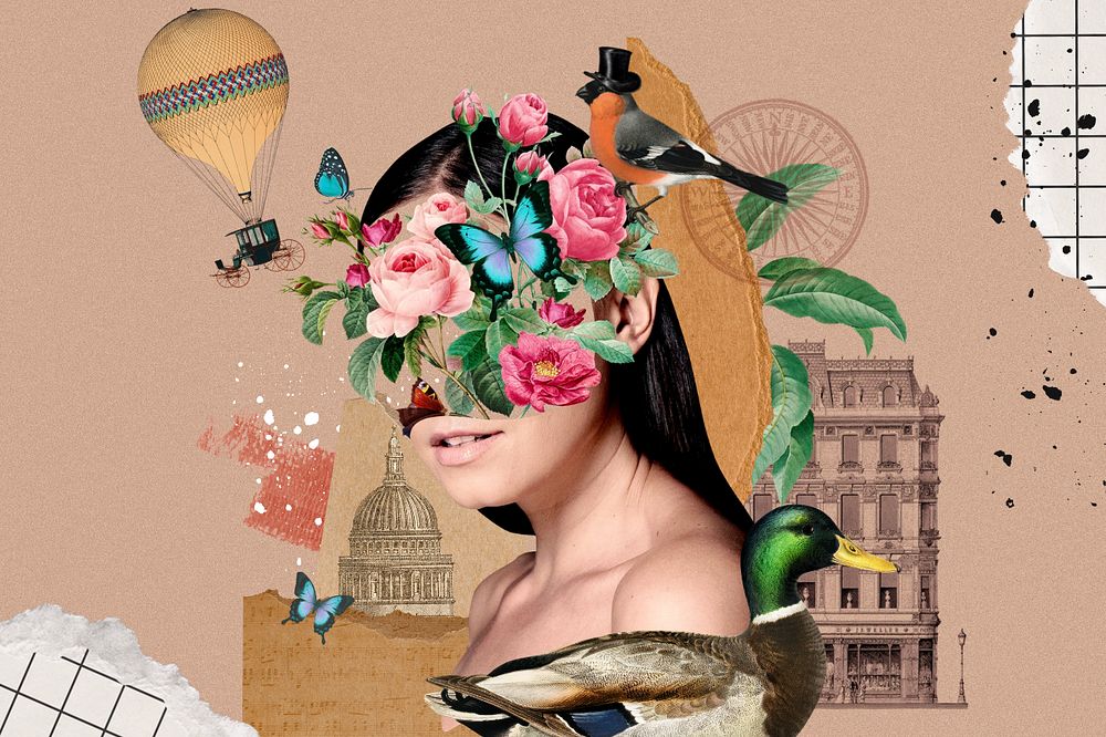 Surreal floral woman portrait background, abstract collage art