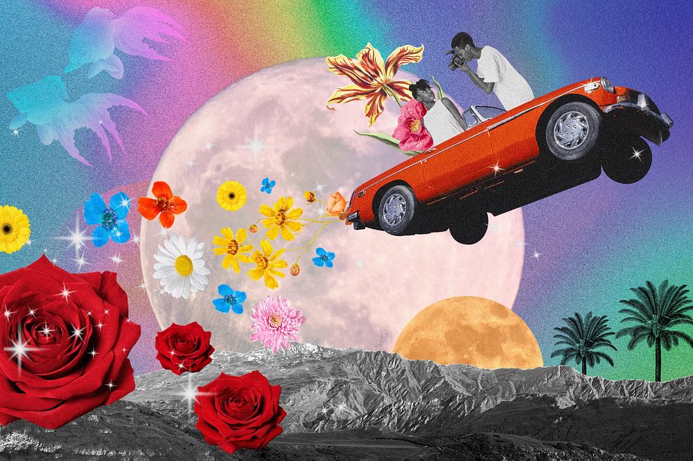 Aesthetic retrofuturism background, flying vintage car, galaxy remixed media