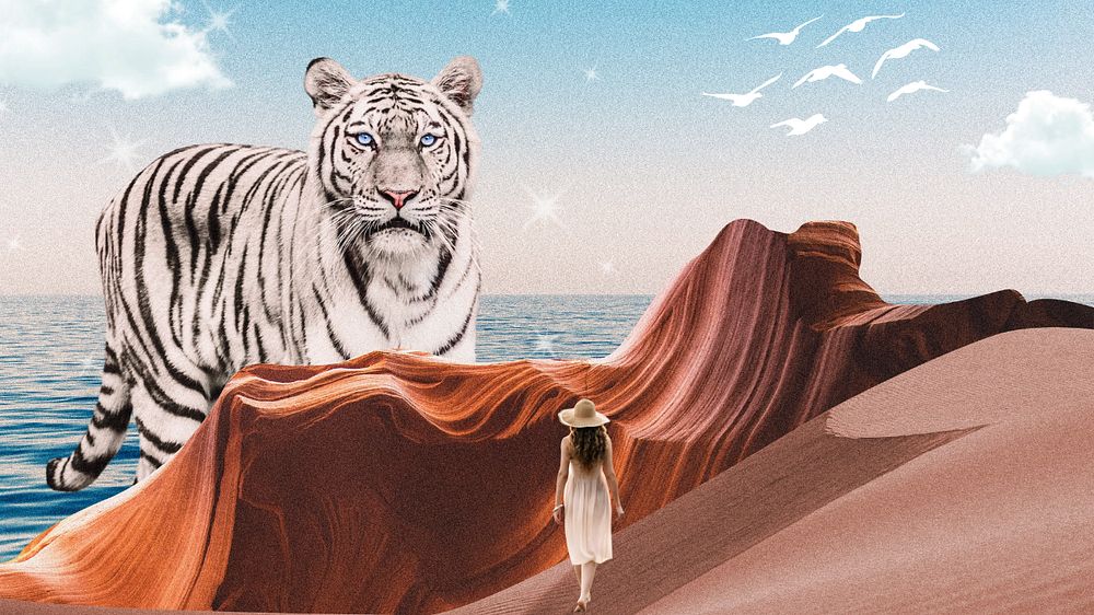 Antelope canyon wallpaper, surreal art with tiger, travel remixed media