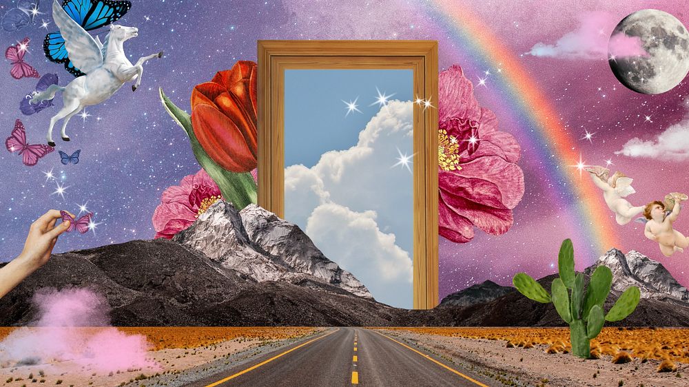 Surreal magical road background, aesthetic escapism collage digital art