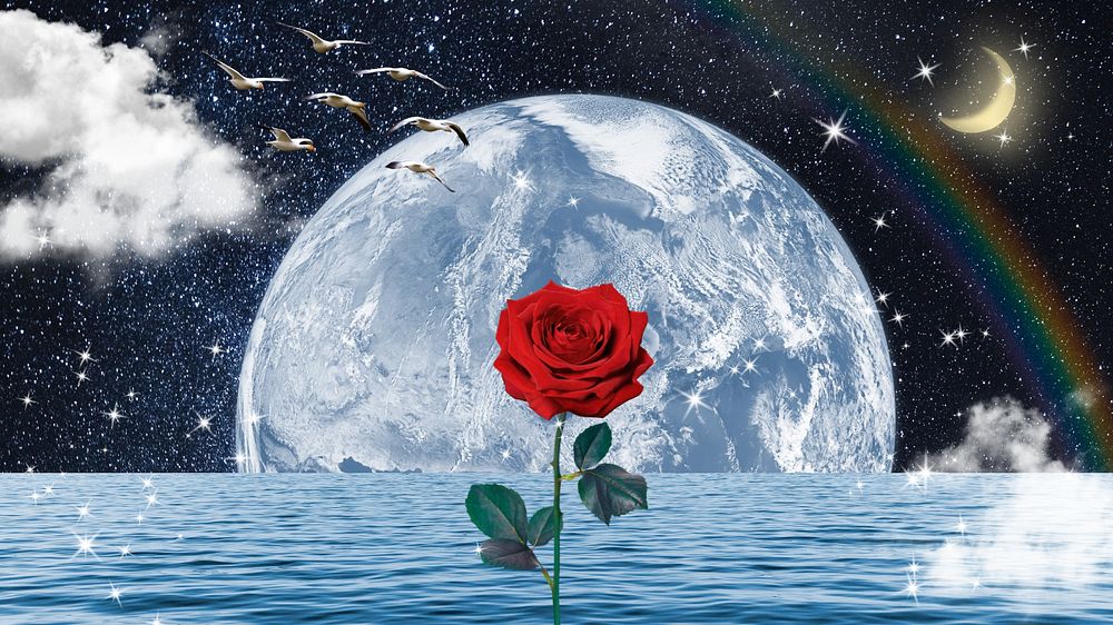 Aesthetic ocean rose wallpaper, surreal nature collage
