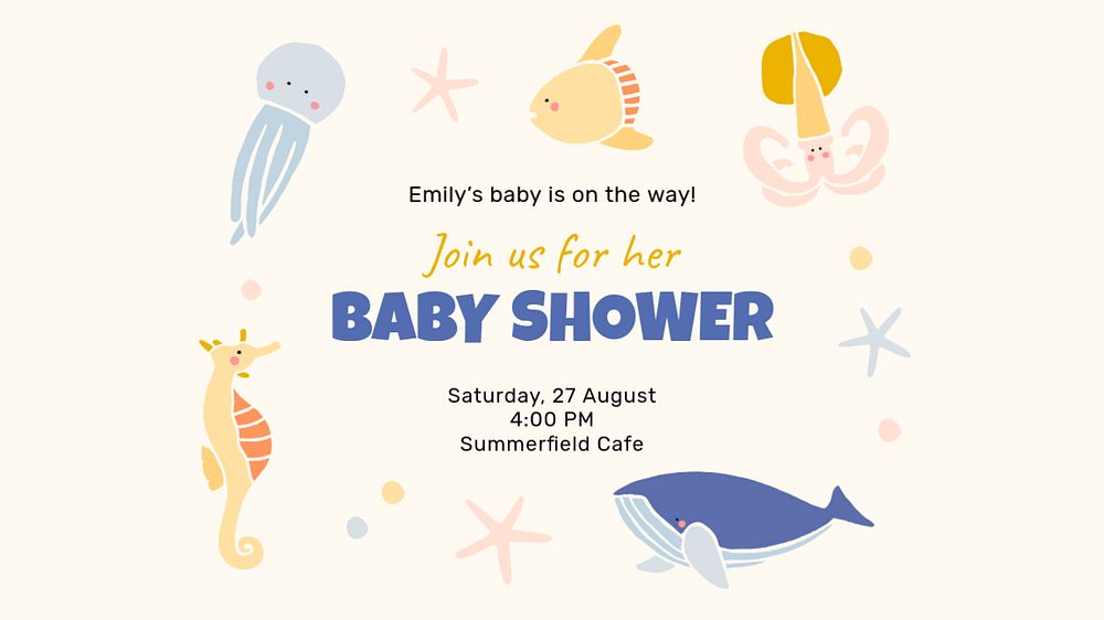 Baby shower celebration template, cute sea animals presentation slide