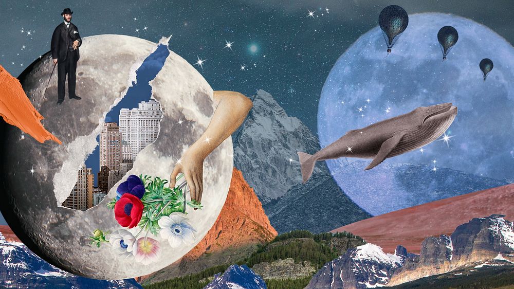 Aesthetic surreal wallpaper, nature and space collage