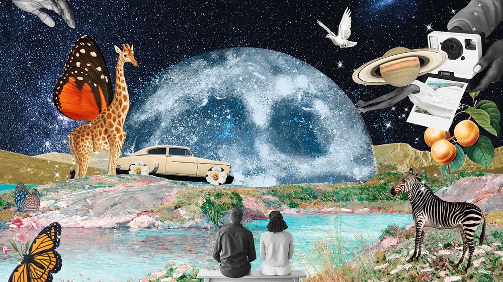 Surrealism art collage wallpaper, aesthetic galaxy