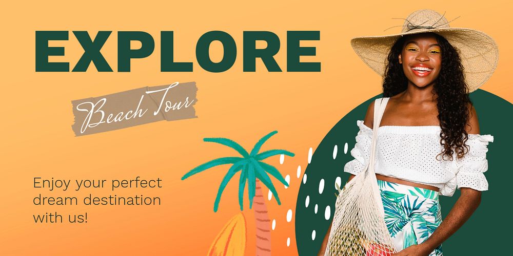 Beach tour Twitter post template, promotion ad 