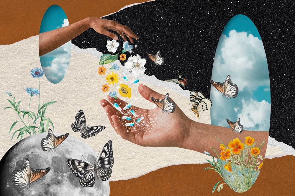 Sky mirror background, mental health mixed media illustration
