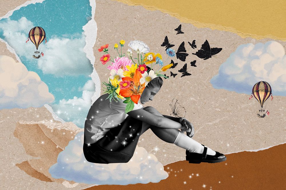 Sad girl background, mental health mixed media illustration