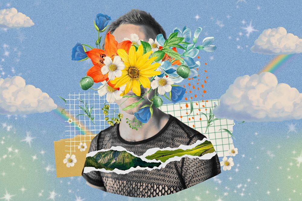 Flower face man background, sky mixed media illustration