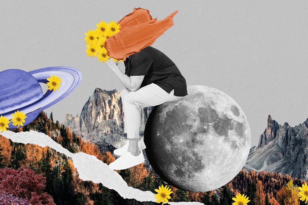Surreal aesthetic background, lonely man on moon mixed media illustration
