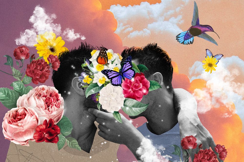 Gay couple kissing background, floral face collage art mixed media illustration