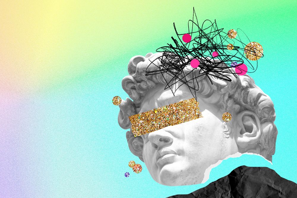 Statue collage art background, gold Washi tape mixed media illustration