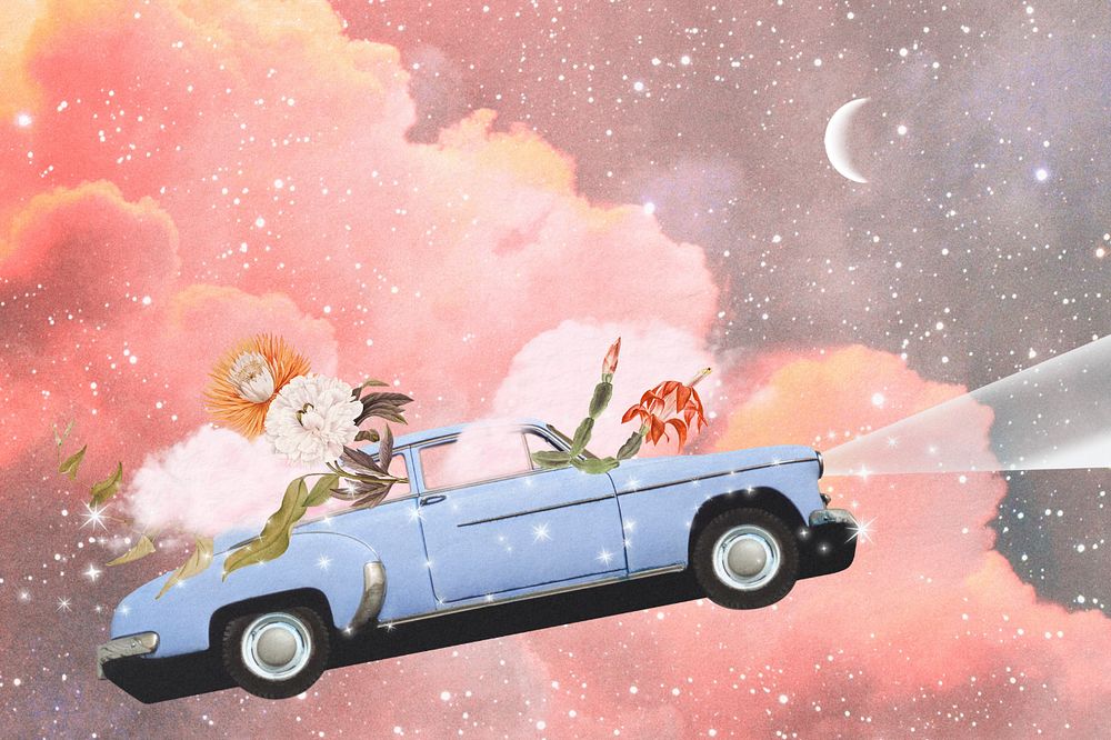 Flying car editable collage background, pastel sky design