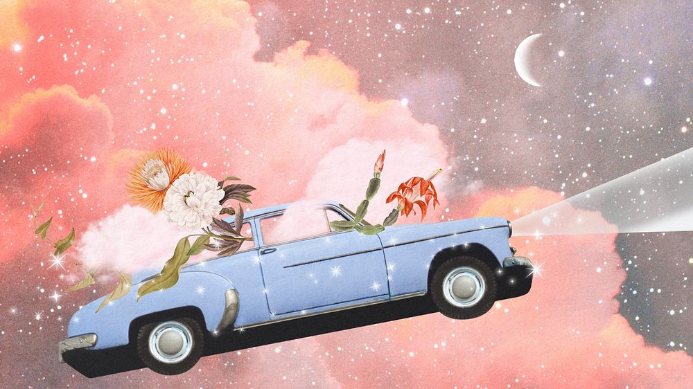 Flying car collage editable desktop wallpaper, pastel sky background