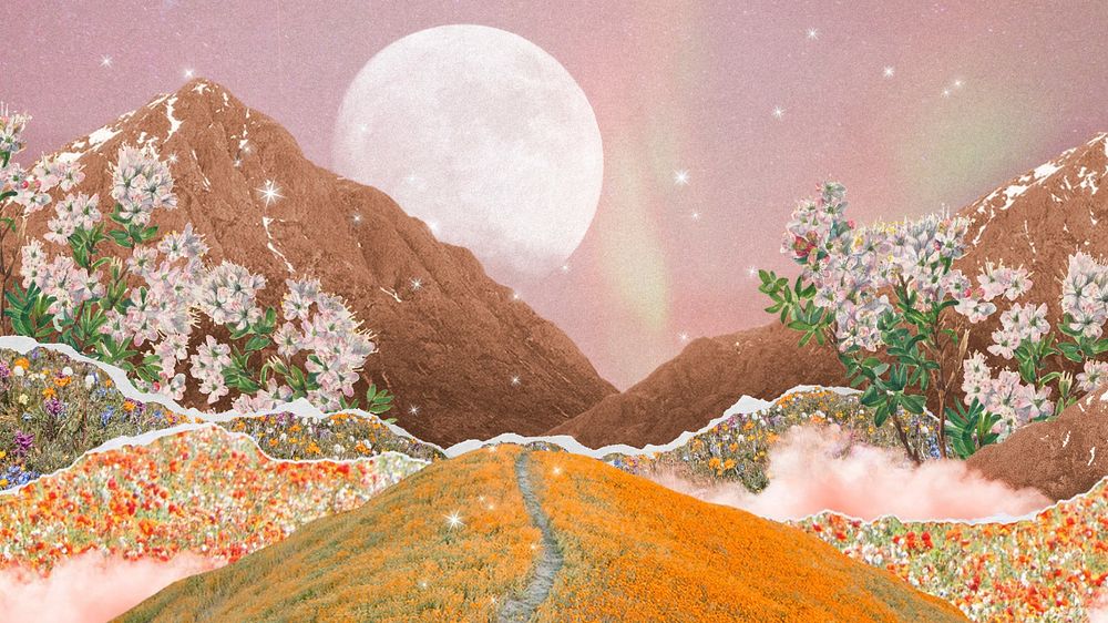 Dreamy landscape editable desktop wallpaper, pink collage background