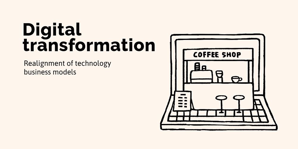 Online coffee shop template, Twitter ad, cute doodle 