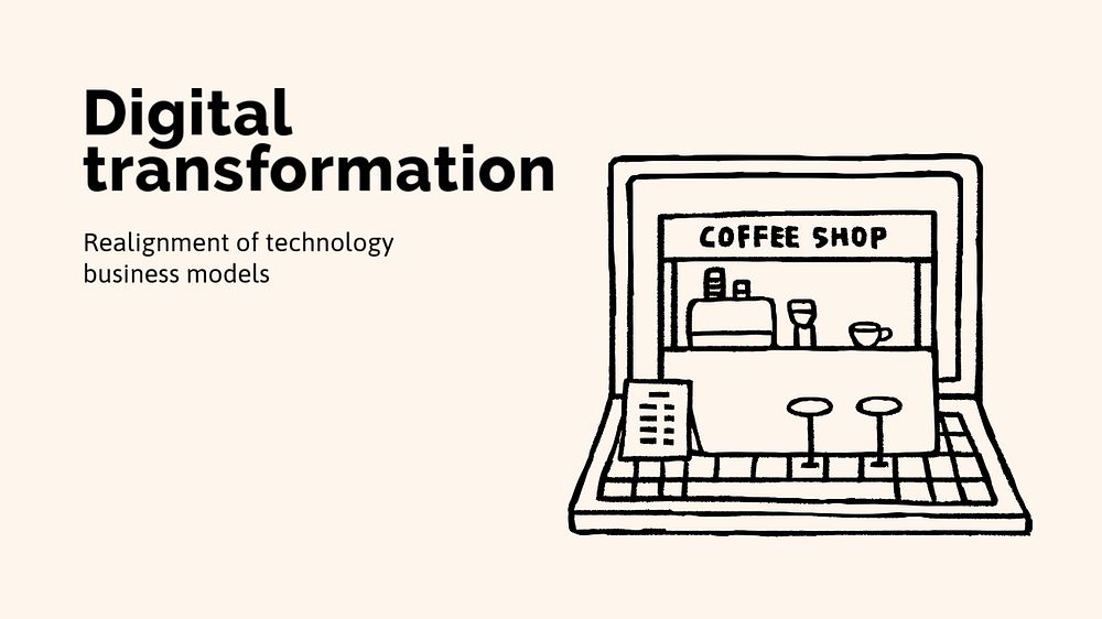 Online coffee shop presentation template, cute doodle 