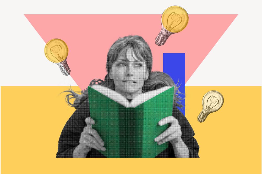 Woman reading collage element, education color pop design