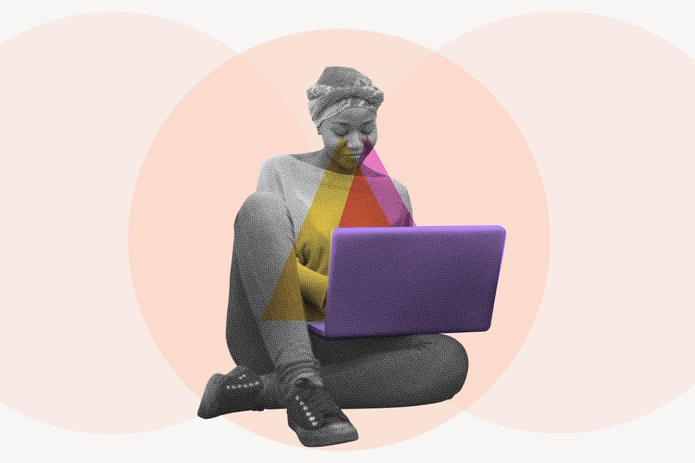 Woman using laptop collage element, education color pop design