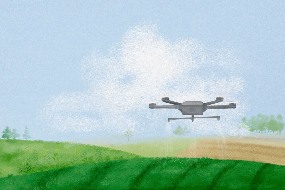 Smart farming background, watering drone, landscape illustration