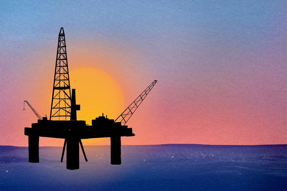 Oil rig sunset background, watercolor industrial illustration