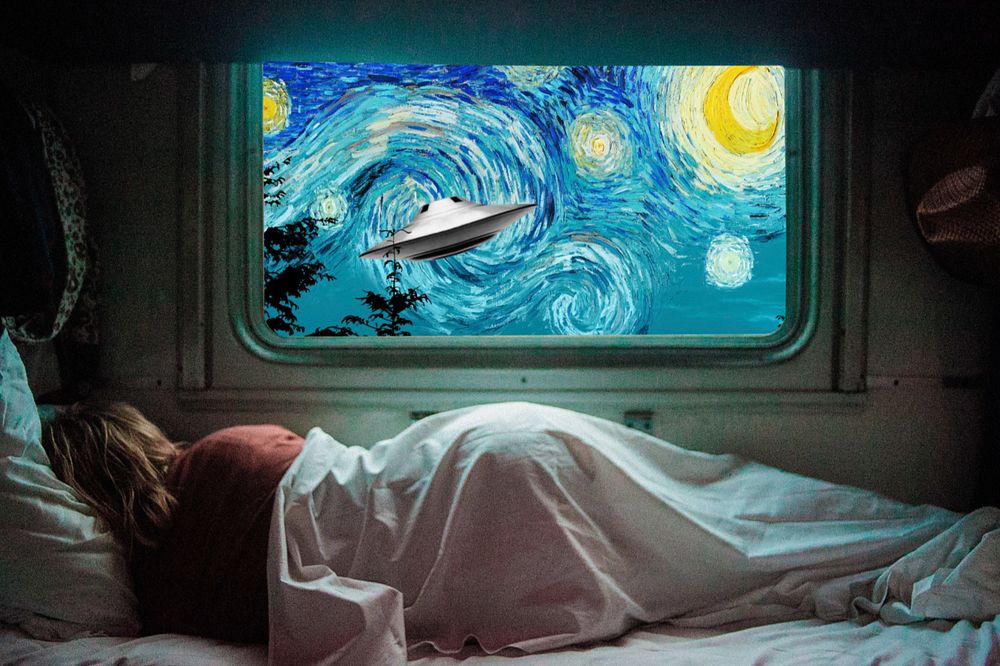 Starry Night, woman sleeping mixed media, remixed by rawpixel