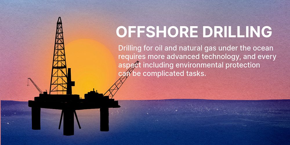 Offshore drilling Twitter post template, oil rig sunset