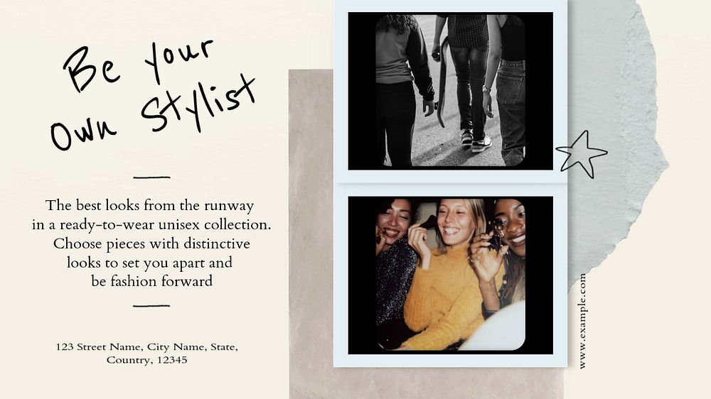 Stylist presentation template, scrapbook aesthetic, editable text