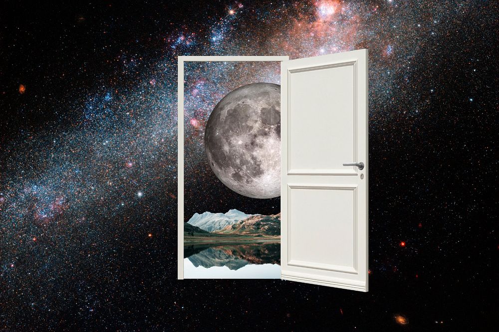 Door to universe background, collage art, surreal remixed media