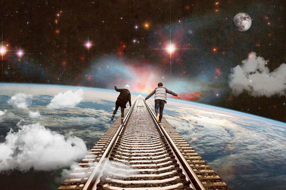 Couple journey background, collage art, surreal remixed media