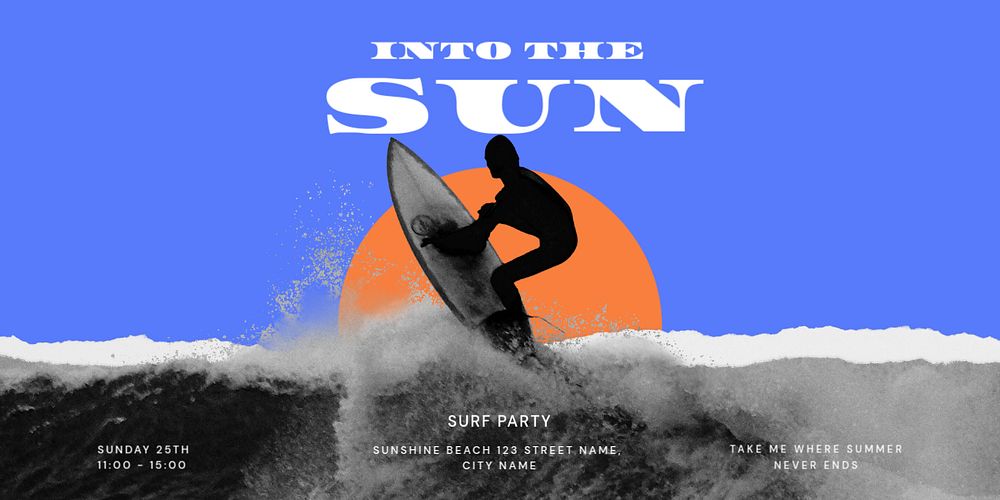 Surfing aesthetic Twitter post template, sunset remix