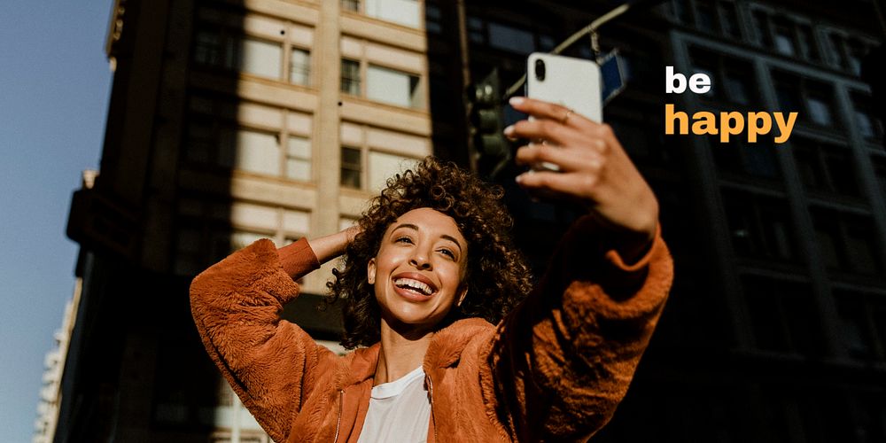 Selfie woman Twitter header template, editable text